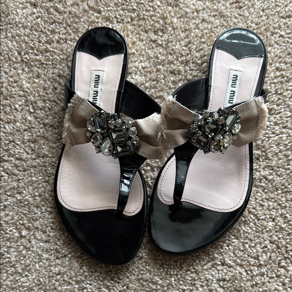 Miu Miu Black and Cream Thong Sandals with Embellishments